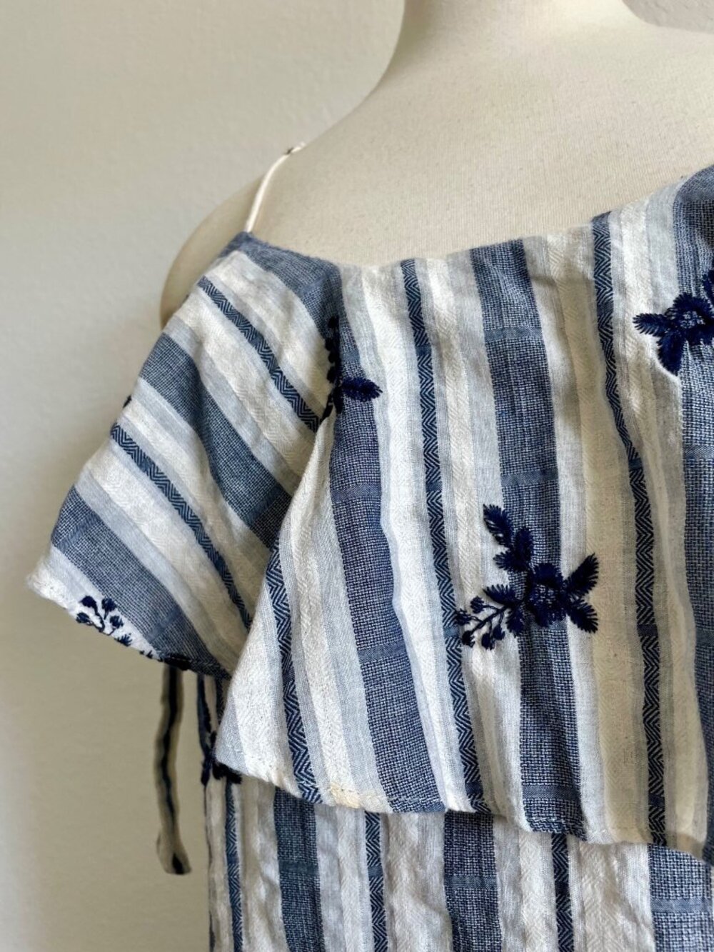 MISA Los Angeles Striped Floral Embroidered Summer Off-the-Shoulder Mini Dress M - Picture 3 of 11